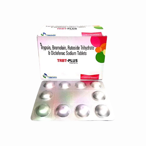 Product Name: TRBT PLUS, Compositions of TRBT PLUS are Trypsin, Bromelain, Rutoside Trihydrate & Diclofenac Sodium Tablets - Insta Care Lifesciences