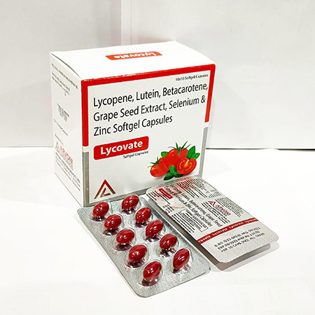 Product Name: Lycovate, Compositions of Lycopene Lutein Betacarotene Grape Seed Extract Selenium & Zinc Softgel Capsules are Lycopene Lutein Betacarotene Grape Seed Extract Selenium & Zinc Softgel Capsules - Arvoni Lifesciences Private Limited