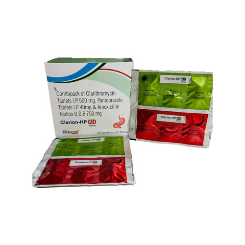 Product Name: Clarion HP kit, Compositions of Clarion HP kit are Combipack of Clarithromycin Tablets I.P. 500 mg, Pantoprazole Tablets IP 40mg & Amoxicillin Tablets U.S.P 750 mg - Zatropha Pharma