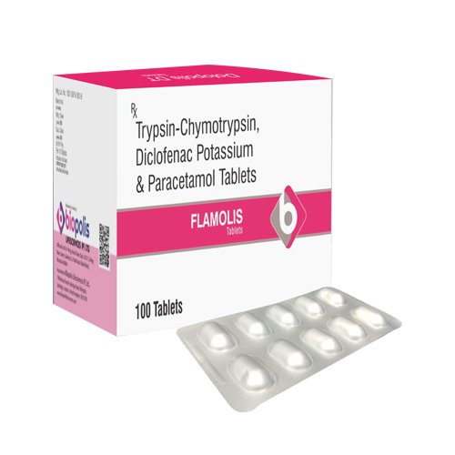 Product Name: FLAMOLIS, Compositions of FLAMOLIS are Trypsin-CHymotrypsin, Diclofenac Potassium & Paracetamol Tablets - Biopolis Lifesciences Private Limited