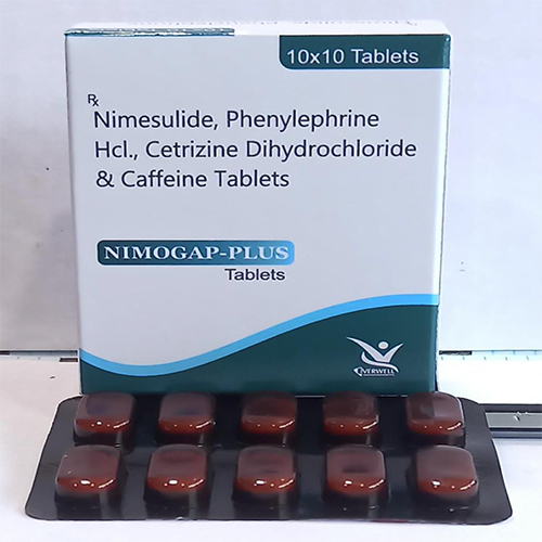 Product Name: NIMOGAP PLUS , Compositions of NIMOGAP PLUS  are Nimesulide, Phenylephrine Hcl., Cetrizine Dihydrochloride & Caffeine Tablets  - Orange Biotech Private Limited