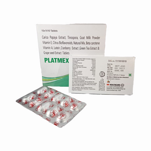 Product Name: PLATMEX GOLD, Compositions of Carica Papaya Extract, Tinospora, Goat Milk Powder Vitamin E, Citrus Bioflavonoids, Natural Mix, Beta carotene Vitamin A, Lutein, Cranberry Extract, Green Tea Extract & Grape seed Extract Tablets are Carica Papaya Extract, Tinospora, Goat Milk Powder Vitamin E, Citrus Bioflavonoids, Natural Mix, Beta carotene Vitamin A, Lutein, Cranberry Extract, Green Tea Extract & Grape seed Extract Tablets - MK Healthcare