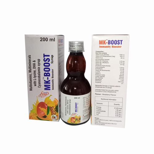 Product Name: MK BOOST, Compositions of MK BOOST are Multivitamins, Multiminerals with L-lysine, DHA & Cyanocobalamin syrup - MK Healthcare