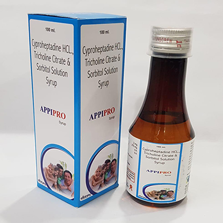 Product Name: Appipro, Compositions of Appipro are Cyproheptadine Hydrochloride & Tricholine Citrate Sorbitol Solution Syrup - Ellanjey Lifesciences