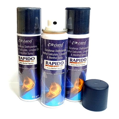 Product Name: RAPIDO, Compositions of RAPIDO are Diclofenac Diethylamine Methyl Salicylate, Linseed Oil & Menthol Spray - Ryland Health Care