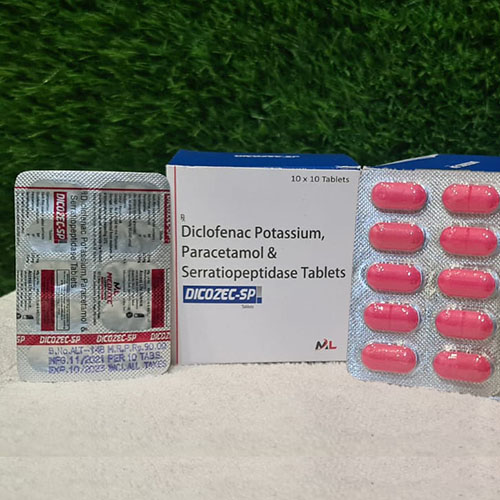 Product Name: Dicozec SP, Compositions of Dicozec SP are Diclofenac Potassium Paracetamol & Serratiopeptiside Tablets - Medizec Laboratories