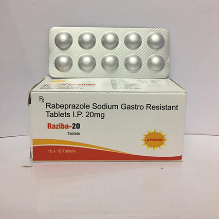 Product Name: RAZIBA 20, Compositions of RAZIBA 20 are Rabeprazole Sodium Gastro Resistant Tablets IP 20mg - Apikos Pharma