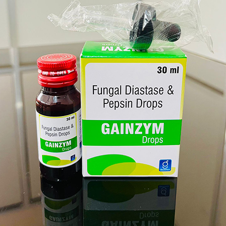 Product Name: Gainzym, Compositions of Gainzym are Fungle Diastase & Pasain Drops - Gainmed Biotech Private Limited