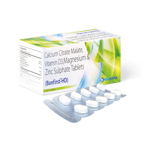 Product Name: BONFIRST HD, Compositions of BONFIRST HD are Calcium Citrate Malate, Vitamin D3, Magnesium & Zinc Sulphate Tablets - Biopolis Lifesciences Private Limited