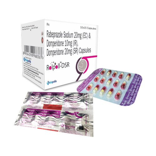 Product Name: ROLPOLL DSR, Compositions of Rabeprazole Sodium 20mg (EC) & Domperidone 10mg (IR), Domperidone 20mg (SR) Capsules are Rabeprazole Sodium 20mg (EC) & Domperidone 10mg (IR), Domperidone 20mg (SR) Capsules - Biopolis Lifesciences Private Limited