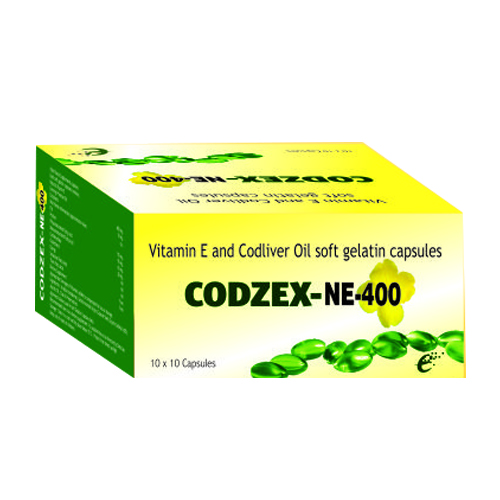 Product Name: Codezex NE 400, Compositions of Codezex NE 400 are Vitamin E and Codliver Oil Softgelatin Capsules - Epsilon Biotech