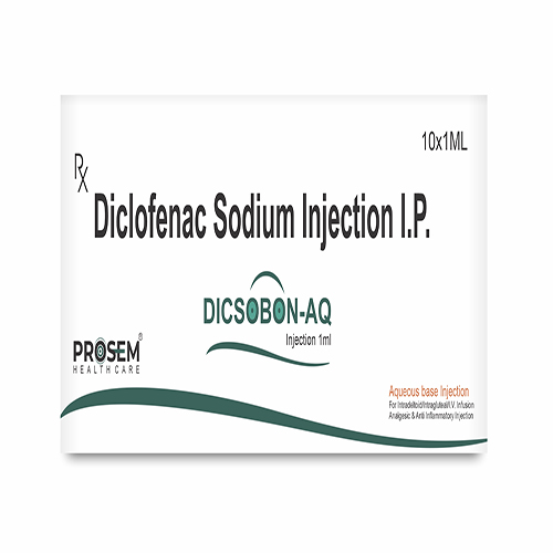 Product Name: DICSOBON AQ, Compositions of DICSOBON AQ are Diclofenac Sodium Injection I.P. - Prosem Healthcare