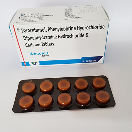 Product Name: WINTOF CF, Compositions of WINTOF CF are Paracetamol, Phenylphrine Hydrochloride, Diphenhydramine Hydrochloride & Caffine Tablets - Vindcare Lifesciences