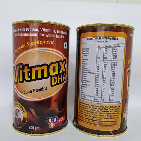 Product Name: VITMAX DHA, Compositions of VITMAX DHA are Proricheed with protein, Vitamins, Minerals & Methylcobalamin for whole family - Vindcare Lifesciences