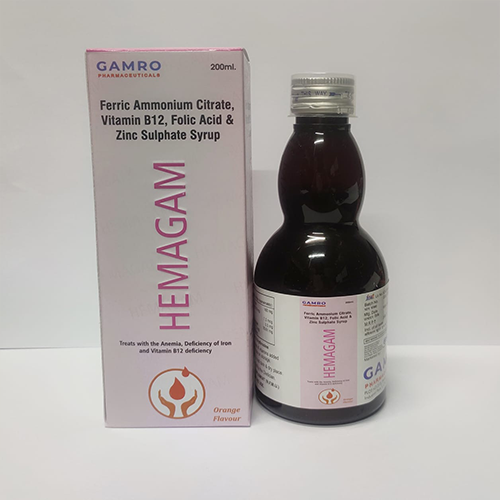 Product Name: Hemagam, Compositions of Hemagam are Ferric Ammonium Citrate, Vitamin B12, Folic Acid & Zinc Sulphate Syrup - Gamro Pharmaceuticals