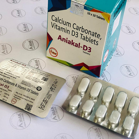 Product Name: Aniakal D3, Compositions of Calcium Carbonate, Vitamin D3 Tablets are Calcium Carbonate, Vitamin D3 Tablets - Aniak Healthcare