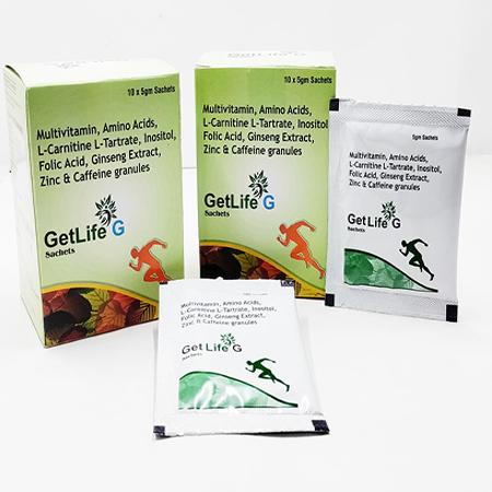 Product Name: Getlife G, Compositions of Multivitamin, Amino Acids, L-Carnitine, L-Tartrate, Inositol, Folic Acid, Gingseng Extract, Zinc & Caffeine Granules are Multivitamin, Amino Acids, L-Carnitine, L-Tartrate, Inositol, Folic Acid, Gingseng Extract, Zinc & Caffeine Granules - Hablar Healthcare