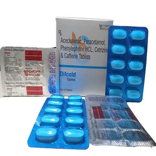 Product Name: Difcold, Compositions of Aceclofenac, Paracetamol, Phenylephrine HCL, Cetrizine & Caffeine Tablets are Aceclofenac, Paracetamol, Phenylephrine HCL, Cetrizine & Caffeine Tablets - Cardiff Biocare