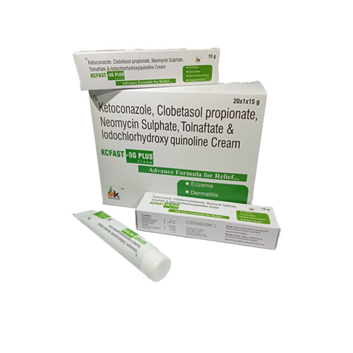 Product Name: KCFAST 56 PLUS, Compositions of KCFAST 56 PLUS are Ketoconazole, Clobetasol propionate, Neomycin Sulphate, Tolnaftate & lodochlorhydroxy quinoline Cream - MK Healthcare