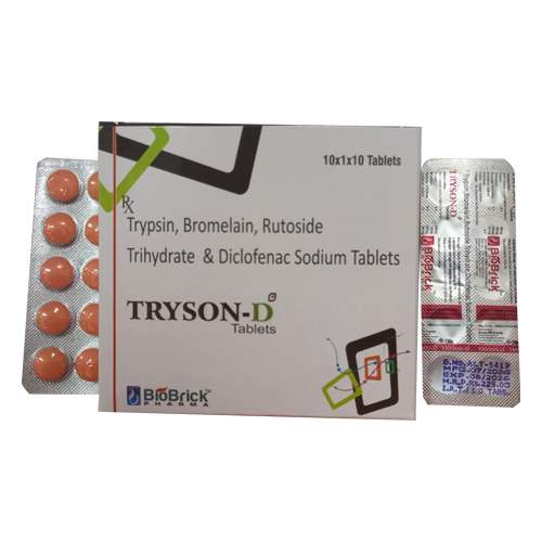 Product Name: TRYSON D, Compositions of TRYSON D are Trypsin, Bromelain, Rutoside Trihydrate & Diclofenac Sodium Tablets - Access Life Science