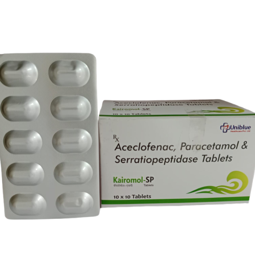 Product Name: Kairomol SP, Compositions of Kairomol SP are Aceclofenac, Paracetamol & Serratiopeptidase Tablets - Uniblue Healthcare Private Limited