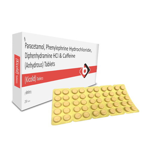 Product Name: KICOLD, Compositions of KICOLD are Paracetamol, Phenylephrine Hydrochloride, Didhenhydramine Hydrochloride & caffeine (Anhydrous) tablets - Biopolis Lifesciences Private Limited