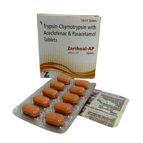 Product Name: Zeriheal AP, Compositions of Zeriheal AP are Trypsin-Chymotrypsin with Aceclofenac & Paracetamol Tablets - Zerdia Healthcare Private Limited