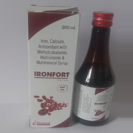 Product Name: Ironfort, Compositions of Iron, Calcium, Antioxidant with Methylcobalamin, Multivitamin & Multimineral Syrup are Iron, Calcium, Antioxidant with Methylcobalamin, Multivitamin & Multimineral Syrup - Denmed Pharmaceutical