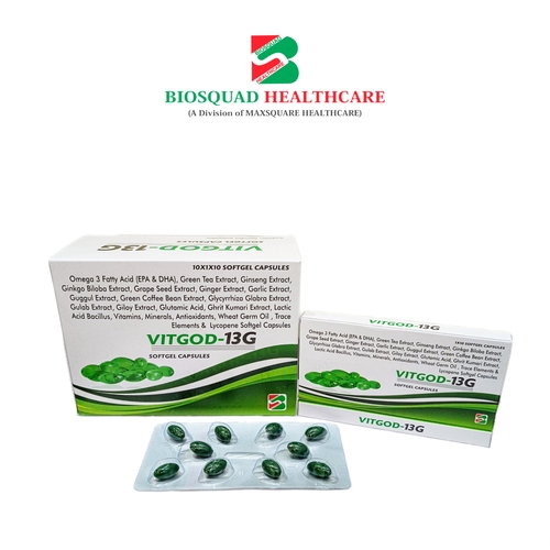 Product Name: VITGOD 13G, Compositions of Omega 3 Fatty Acid (EPA & DHA), Green Tea Extract, Ginseng Extract, Ginkgo Biloba Extract, Grape Seed Extract, Ginger Extract, Garlic Extract, Guggul Extract, Green Coffee Bean Extract, Glycyrrhiza Glabra Extract, Gulab Extra are Omega 3 Fatty Acid (EPA & DHA), Green Tea Extract, Ginseng Extract, Ginkgo Biloba Extract, Grape Seed Extract, Ginger Extract, Garlic Extract, Guggul Extract, Green Coffee Bean Extract, Glycyrrhiza Glabra Extract, Gulab Extra - Biosquad Healthcare