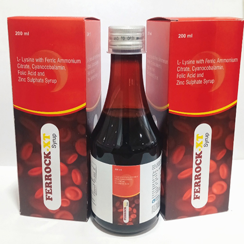 Product Name: Ferrock XT, Compositions of L-Lysine With Ferric Ammonium Citrate, Cyanoccobalamin, Folic Acid And Zinc Sulphate Syrup are L-Lysine With Ferric Ammonium Citrate, Cyanoccobalamin, Folic Acid And Zinc Sulphate Syrup - Ryland Health Care