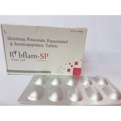 Product Name: RIBFLAM SP, Compositions of RIBFLAM SP are Diclofenac Potassium, Paracetamol & Serratiopeptidase Tablets - Cubic Lifesciences Private Limited