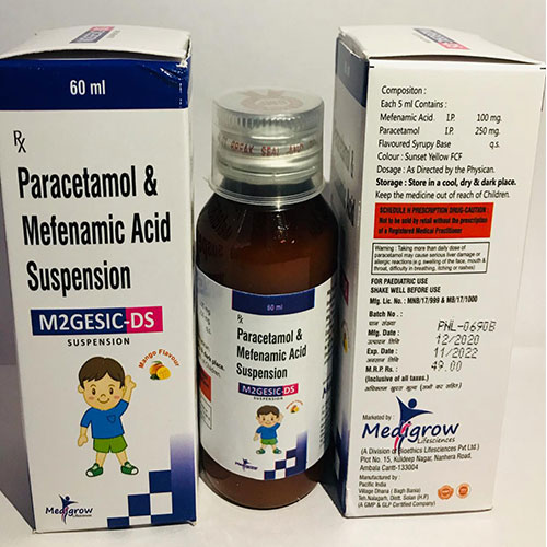 Product Name: M2gesic DS, Compositions of Mefenemic Acid 100 MG + Paracetamol 250 MG  are Mefenemic Acid 100 MG + Paracetamol 250 MG  - MediGrow Lifesciences