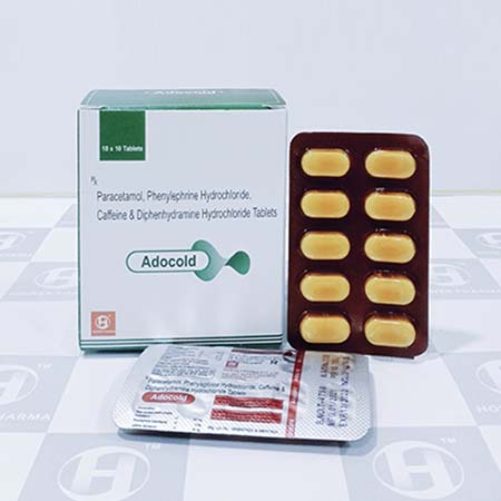 Product Name: Adocold, Compositions of Paracetamol,Phenylephrine Hydrochloride,Caffeine & Diphenhydramine Hydrochloride Tablets are Paracetamol,Phenylephrine Hydrochloride,Caffeine & Diphenhydramine Hydrochloride Tablets - Hower Pharma Private Limited