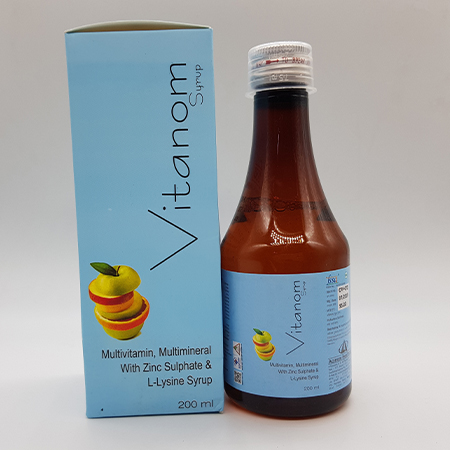 Product Name: Vitanom, Compositions of Vitanom are Multivitamin,Multimineral with  Zinc Sulphate and L lysine Syrup - Acinom Healthcare