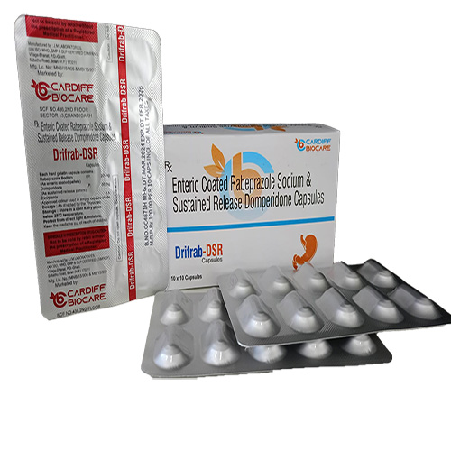 Product Name: Drifrab DSR, Compositions of Drifrab DSR are Enteric Coated Rabeprazole Sodium & Sustained Release Domperidone Capsules - Cardiff Biocare