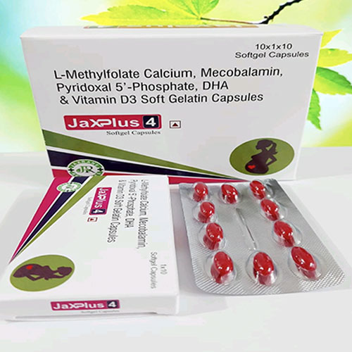 Product Name: Jaxplus 4, Compositions of L Methylfolate Calcium ,Mecobalamin Pyridoxal 5, Phosphate, DHA & Vitamin D3 Soft Gelatin are L Methylfolate Calcium ,Mecobalamin Pyridoxal 5, Phosphate, DHA & Vitamin D3 Soft Gelatin - Jaxrane Remedies Private Limited