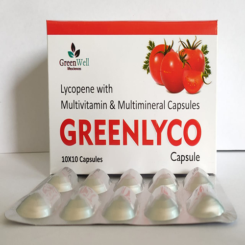 Product Name: Greenlyco, Compositions of Greenlyco are Lycopene with Multivitamin & Multimineral Capsules - Greenwell Lifesciences