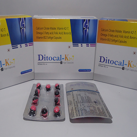 Product Name: Ditokal k2 7, Compositions of Ditokal k2 7 are Calcium Citrate Malate,Vitamin K2-7,Omega-3 Fatty Acid,Folic Acid,Boron & Vitamin B12 Softgel Capsules - Asgard Labs Private Limited