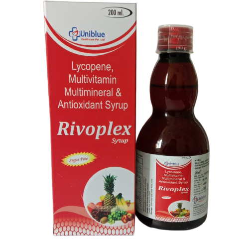 Product Name: Rivoplex, Compositions of Rivoplex are Lycopene, Multivitamin Multimineral & Antioxidant Syrup - Uniblue Healthcare Private Limited