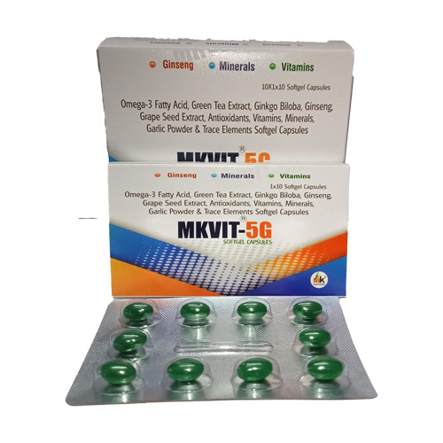 Product Name: MKVIT 5G, Compositions of Omega-3 Fatty Acid, Green Tea Extract, Ginkgo Biloba, Ginseng Grape Seed Extract, Antioxidants, Vitamins, Minerals, Garlic Powder & Trace Elements Softgel Capsules are Omega-3 Fatty Acid, Green Tea Extract, Ginkgo Biloba, Ginseng Grape Seed Extract, Antioxidants, Vitamins, Minerals, Garlic Powder & Trace Elements Softgel Capsules - MK Healthcare