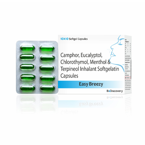 Product Name: Easy Breezy, Compositions of Easy Breezy are Camphor, Eucalyptol, Chlorothymol, Menthol & Terpineol Inhalant Softgelatin Capsules - Biodiscovery Lifesciences Private Limited