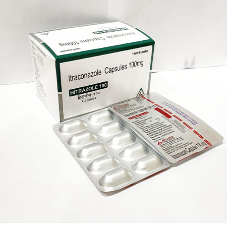 Product Name: Hitrazole 100, Compositions of Hitrazole 100 are Itraconazole Capsules 100mg - Arvoni Lifesciences Private Limited