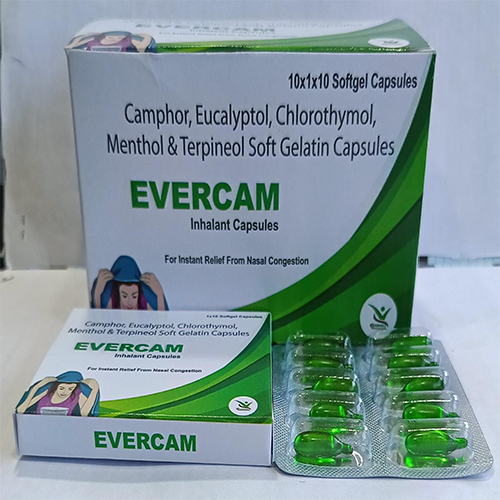 Product Name: EVERCAM , Compositions of EVERCAM  are Camphor, Eucalyptol, Chlorothymol, Menthol & Terpineol Soft Gelatin Capsules  - Orange Biotech Private Limited