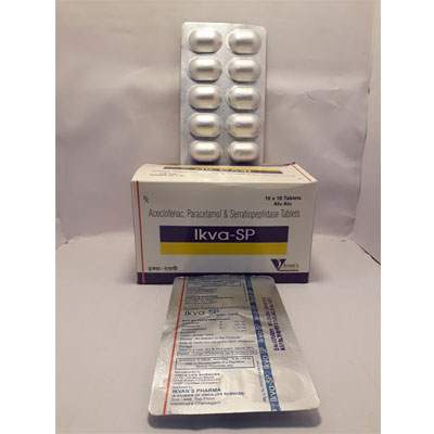 Product Name: Ikva SP Tablets, Compositions of Ikva SP Tablets are Aceclofenac, Paracetamol & Serratiopeptidase Tablets - Ikvans Pharma