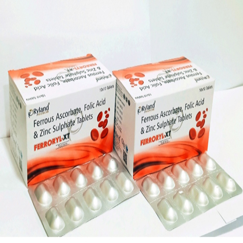 Product Name: Ferroryl xt, Compositions of Ferroryl xt are Ferrous Ascorbate, Folic Acid & Zinc Sulphate Tablets - Ryland Health Care