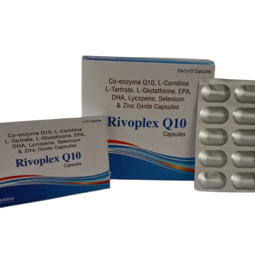 Product Name: Rivoplex Q10, Compositions of Rivoplex Q10 are Co-enzyme Q10, L-Carnitine L-Tartrate, L-Glutathione, EPA, DHA, Lycopene, Selenium & Zinc Oxide Capsules - Uniblue Healthcare Private Limited