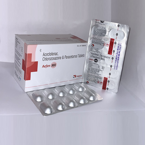 Product Name: Aefen MR, Compositions of Aefen MR are Aceclofeac Chorozone & Paracetamol Tablets - Sapson Pharma