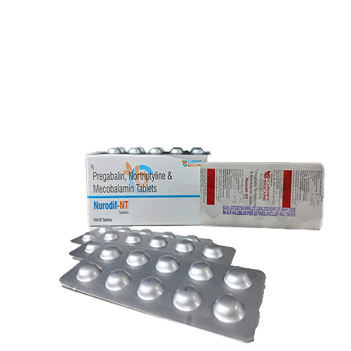 Product Name: Nurodif NT, Compositions of Nurodif NT are Pregabalin. Nortriptyline & Mecobalamin Tablets  - Cardiff Biocare