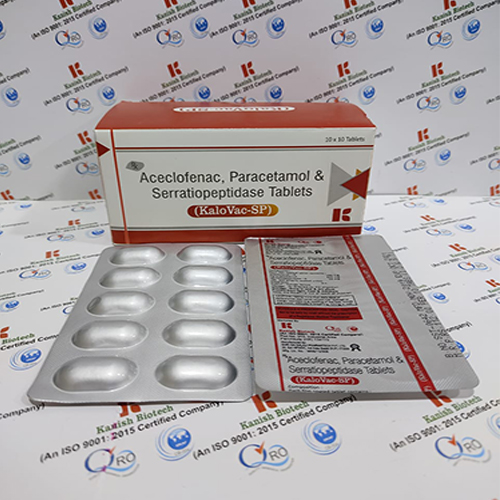 Product Name: Kalovac SP, Compositions of Kalovac SP are Aceclofenac & Paracetamol Serratiopeptidase Tablets - Kanish Biotech