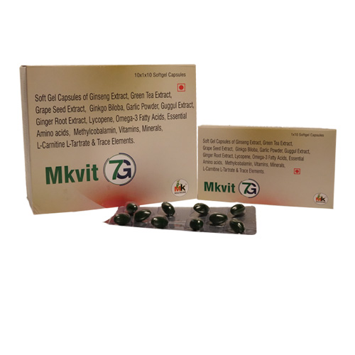 Product Name: Mkvit 7G, Compositions of Mkvit 7G are Soft Gel Capsules of Ginseng Extract, Green Tea Extract, Grape Seed Extract, Ginkgo Biloba, Garlic Powder, Guggul Extract, Ginger Root Extract, Lycopene, Omega-3 Fatty Acids, Essential Amino acids, Methylcobalamin, Vitamins,  - MK Healthcare